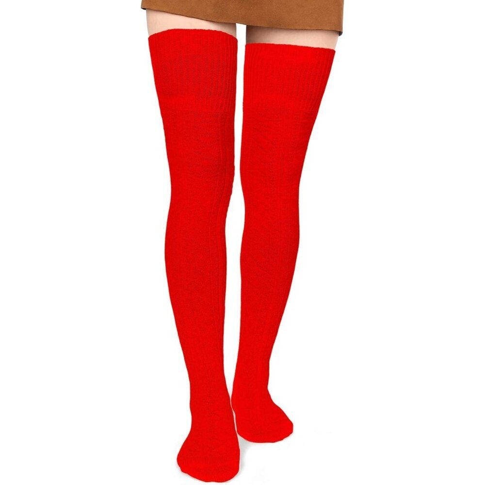 Women Thigh High Socks Cotton Knit Thick Long Boot Stockings Leg Warmers Red